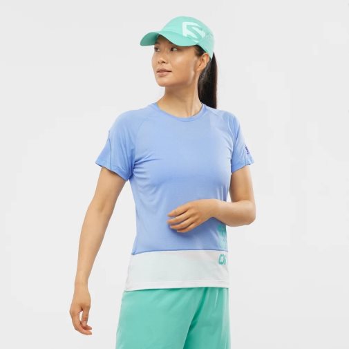 Camiseta Salomon Cross Run Estampados Corta Sleeve Mujer Azules Claro | MX FITN307